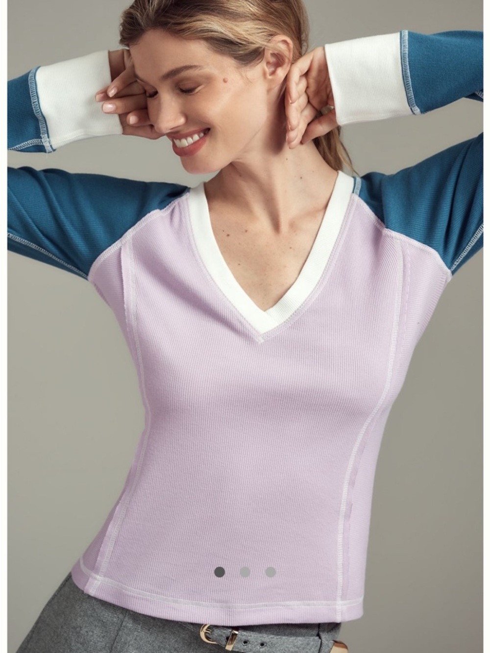 Pilcro Lavender V-Neck Long Sleeve with Teal Sleeves